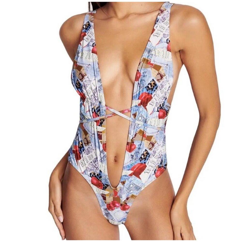 I.AM.GIA Zaley Multicolor Logo Print One Piece Swimsuit Size XS Cutout Detail